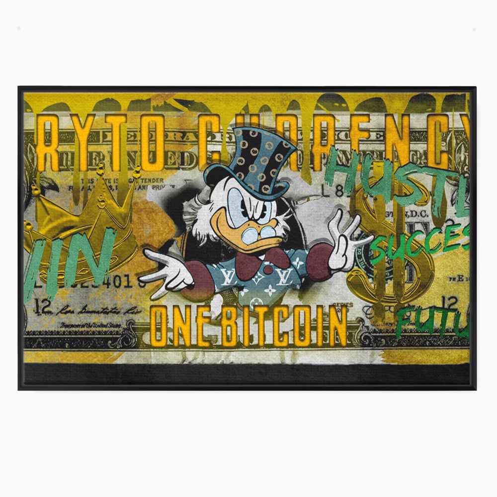 Tablou canvas cu tablou canvas cu donald duck si bitcoin, in rama de aluminiu negru